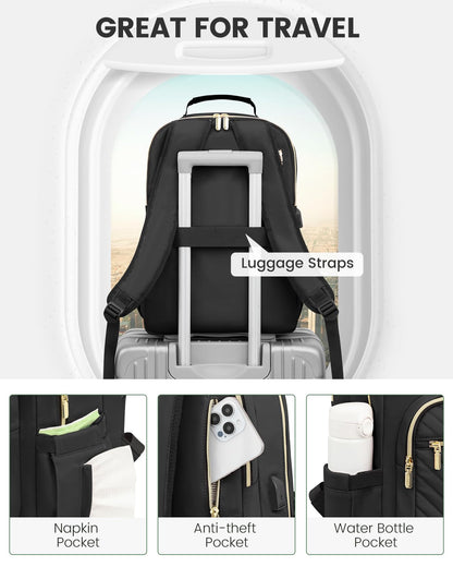 Stylish Laptop Backpack for Women – Large Capacity 27L Computer Bag with 15.6 Inch Compartment, USB Charging Port & 16 Pockets – Ideal for College, Work & Travel (Black)  - Image 4