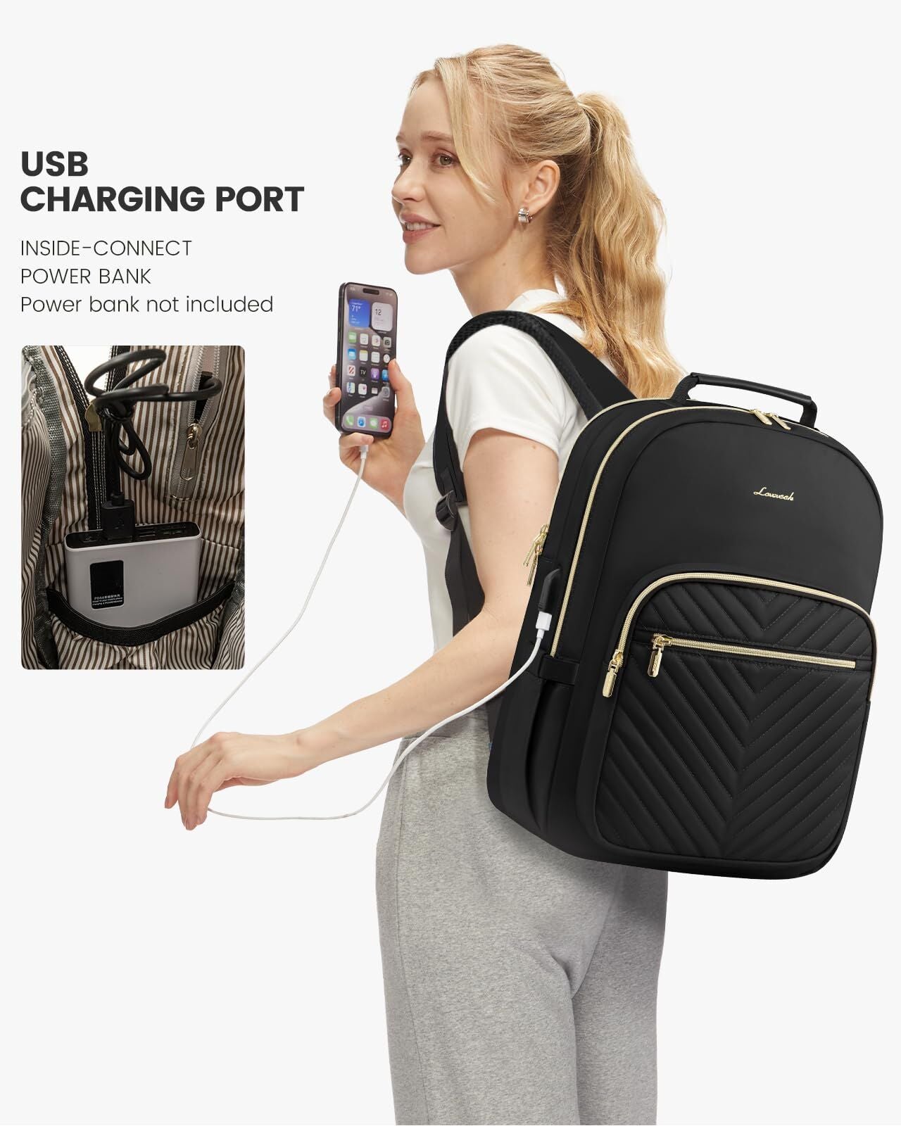 Stylish Laptop Backpack for Women – Large Capacity 27L Computer Bag with 15.6 Inch Compartment, USB Charging Port & 16 Pockets – Ideal for College, Work & Travel (Black)  - Image 5