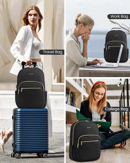 Stylish Laptop Backpack for Women – Large Capacity 27L Computer Bag with 15.6 Inch Compartment, USB Charging Port & 16 Pockets – Ideal for College, Work & Travel (Black)  - Image 6