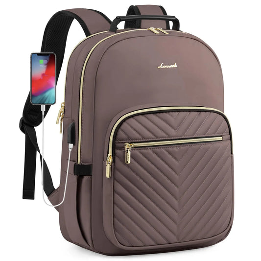 Stylish Laptop Backpack for Women – Large Capacity 27L Computer Bag with 15.6 Inch Compartment, USB Charging Port & 16 Pockets – Ideal for College, Work & Travel (Brown)