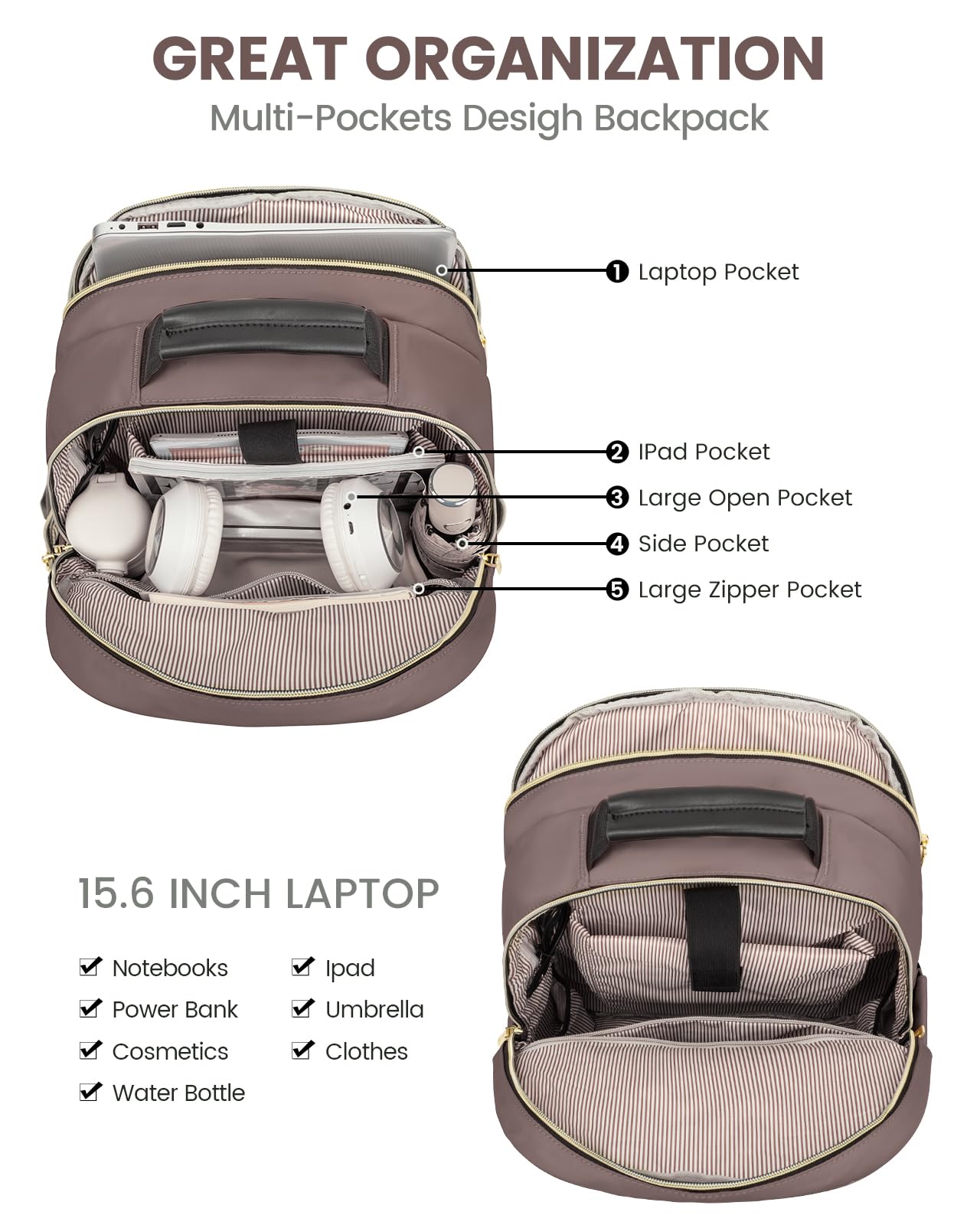 Stylish Laptop Backpack for Women – Large Capacity 27L Computer Bag with 15.6 Inch Compartment, USB Charging Port & 16 Pockets – Ideal for College, Work & Travel (Brown) - Image 2