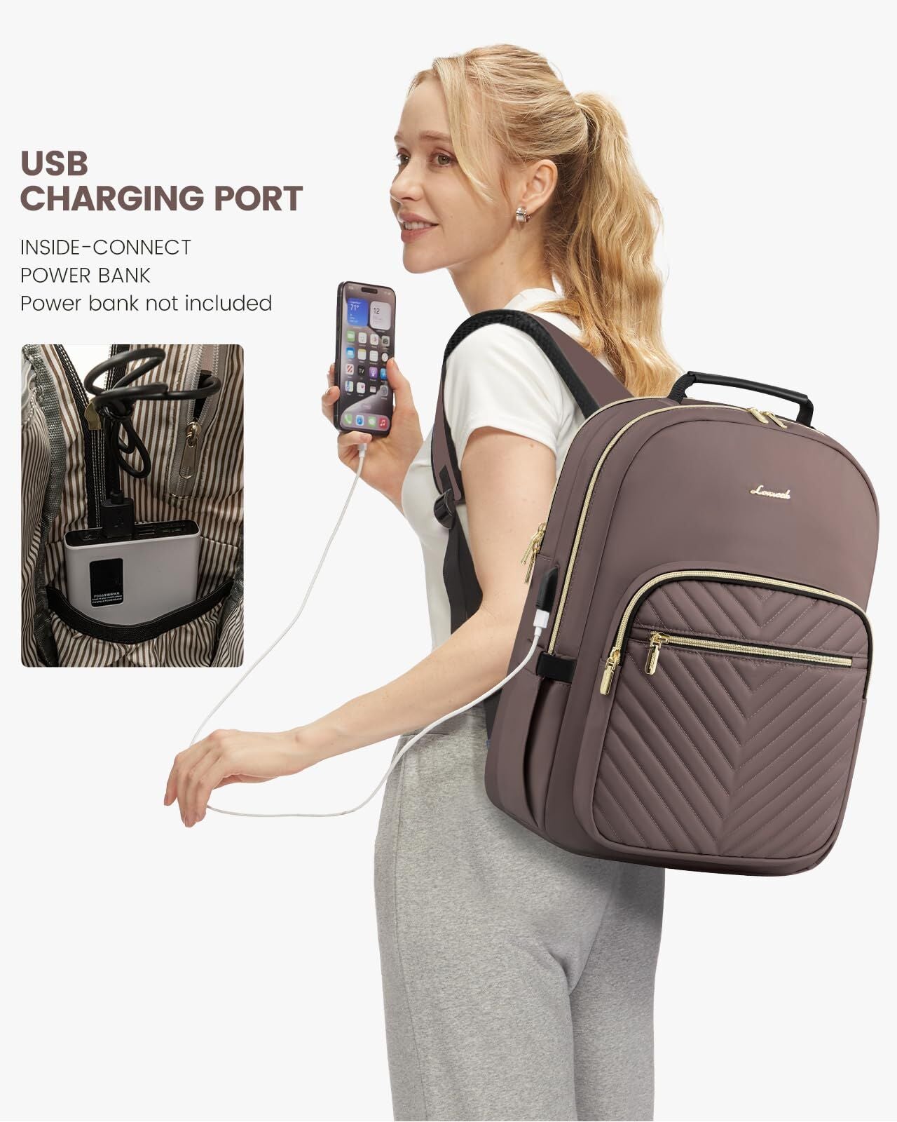 Stylish Laptop Backpack for Women – Large Capacity 27L Computer Bag with 15.6 Inch Compartment, USB Charging Port & 16 Pockets – Ideal for College, Work & Travel (Brown) - Image 3