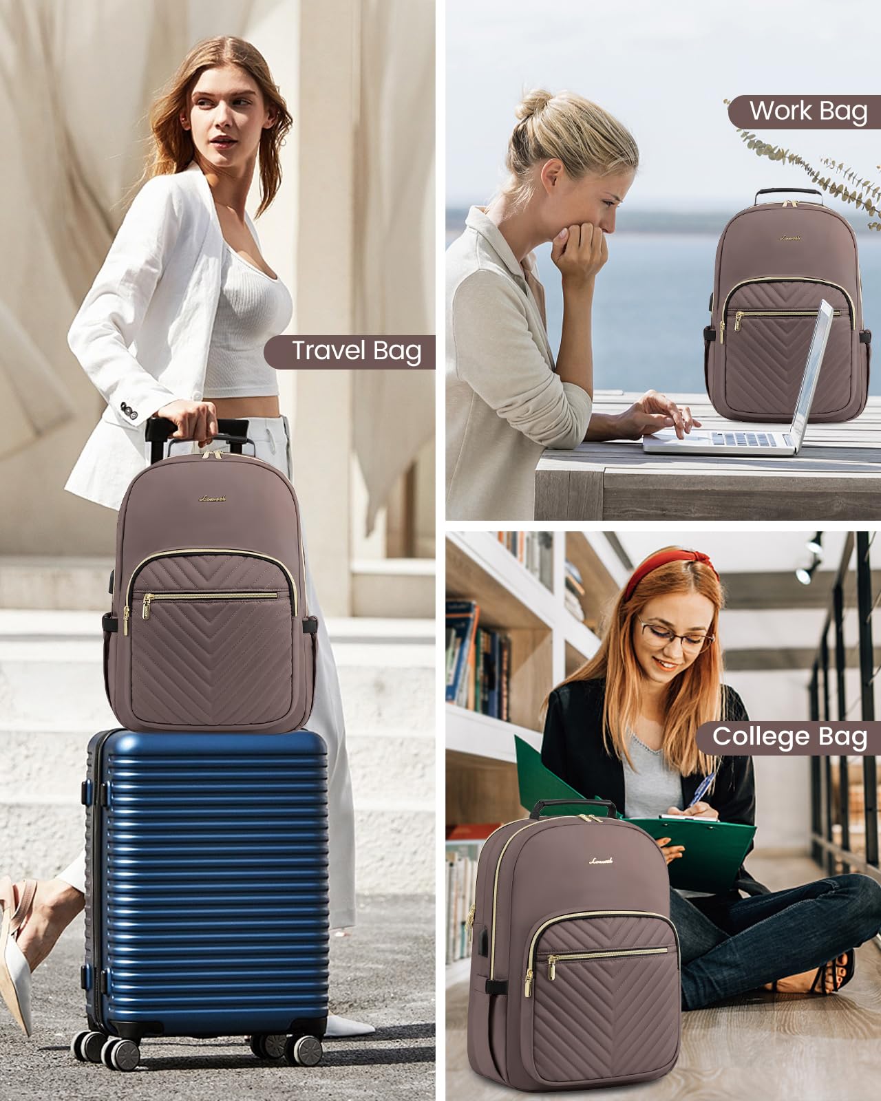 Stylish Laptop Backpack for Women – Large Capacity 27L Computer Bag with 15.6 Inch Compartment, USB Charging Port & 16 Pockets – Ideal for College, Work & Travel (Brown) - Image 4