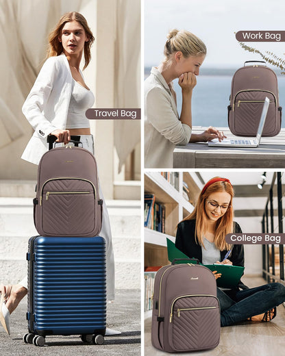 Stylish Laptop Backpack for Women – Large Capacity 27L Computer Bag with 15.6 Inch Compartment, USB Charging Port & 16 Pockets – Ideal for College, Work & Travel (Brown) - Image 4