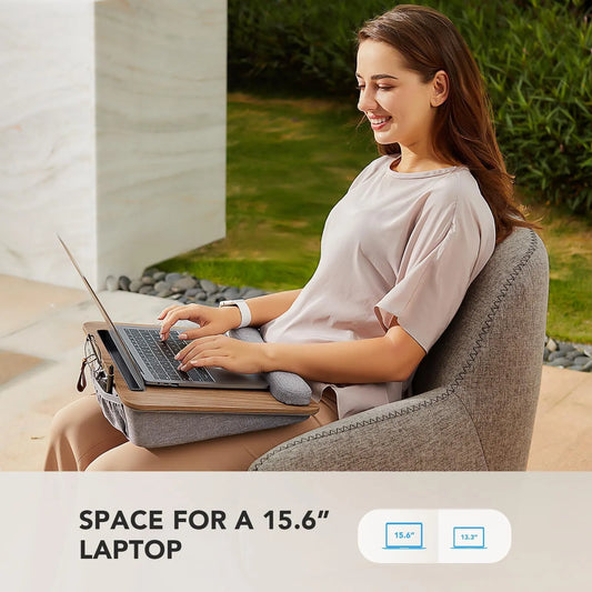 Portable Lap Desk for Students, Remote Workers & Readers – Laptop Table with Wrist Rest, Storage Pockets, Fits up to 15.6 inch Laptop for Bed, Couch or Dorm Use (Wood Grain) - Image 2