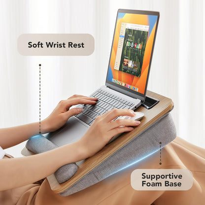 Portable Lap Desk for Students, Remote Workers & Readers – Laptop Table with Wrist Rest, Storage Pockets, Fits up to 15.6 inch Laptop for Bed, Couch or Dorm Use (Wood Grain) - Image 3