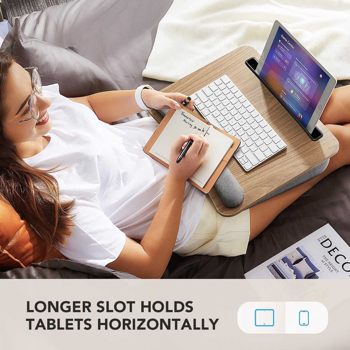 Portable Lap Desk for Students, Remote Workers & Readers – Laptop Table with Wrist Rest, Storage Pockets, Fits up to 15.6 inch Laptop for Bed, Couch or Dorm Use (Wood Grain) - Image 6