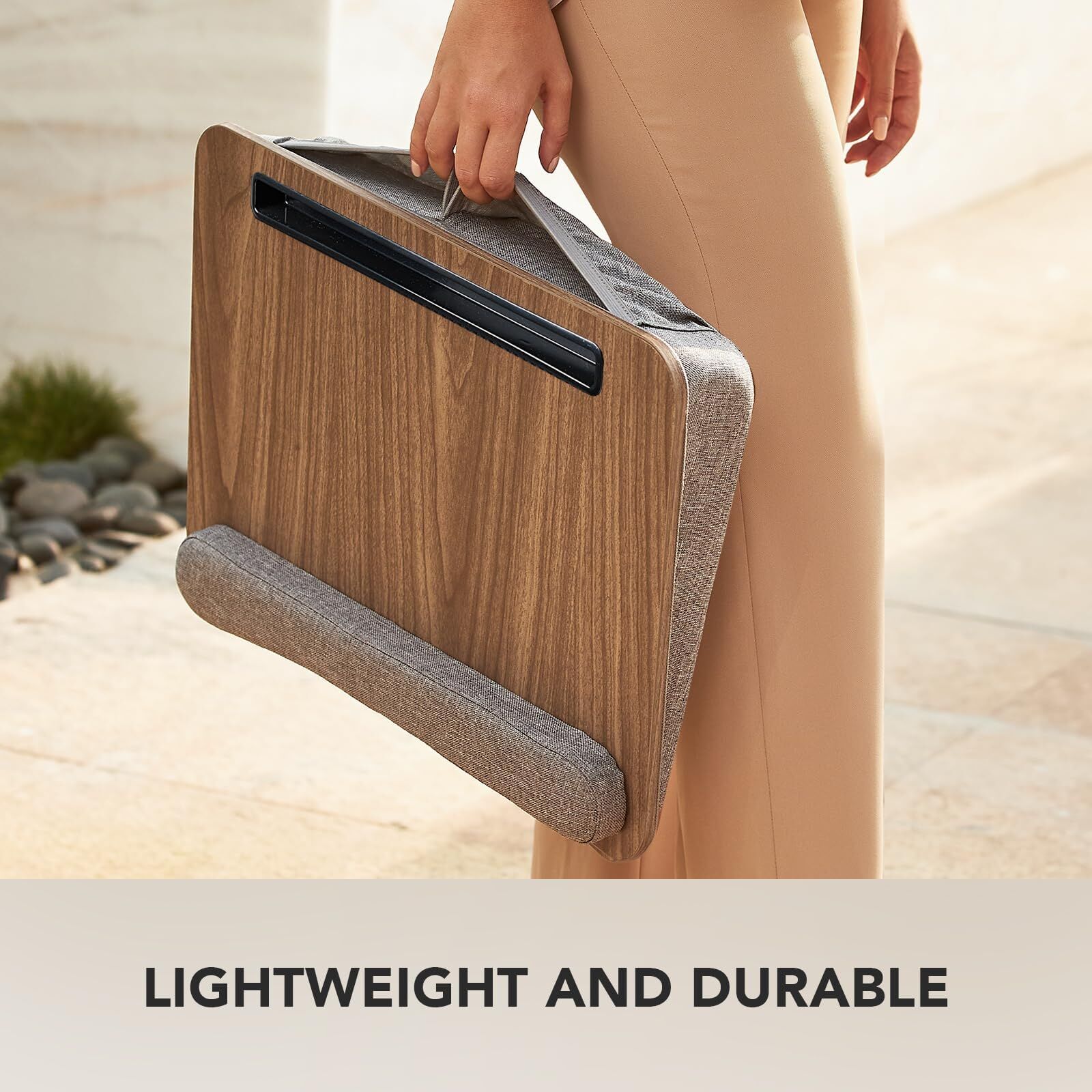 Portable Lap Desk for Students, Remote Workers & Readers – Laptop Table with Wrist Rest, Storage Pockets, Fits up to 15.6 inch Laptop for Bed, Couch or Dorm Use (Wood Grain) - Image 7