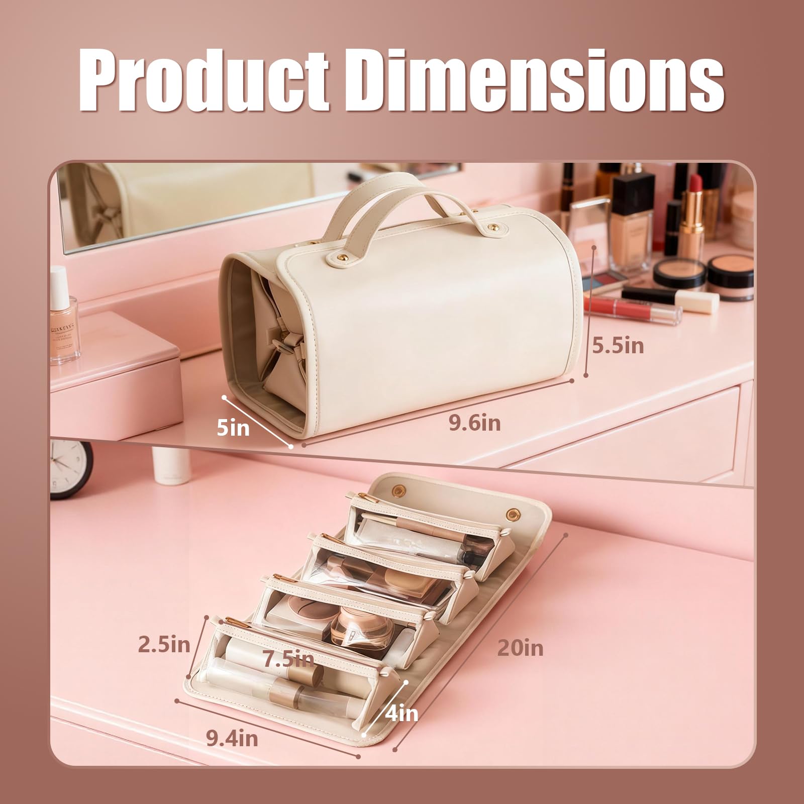 4-in-1 Expandable Makeup Bag with Removable Pockets – Waterproof Travel Cosmetic Organizer for Women, Large Capacity Vanity Case with Hanging Design (White) - Image 2