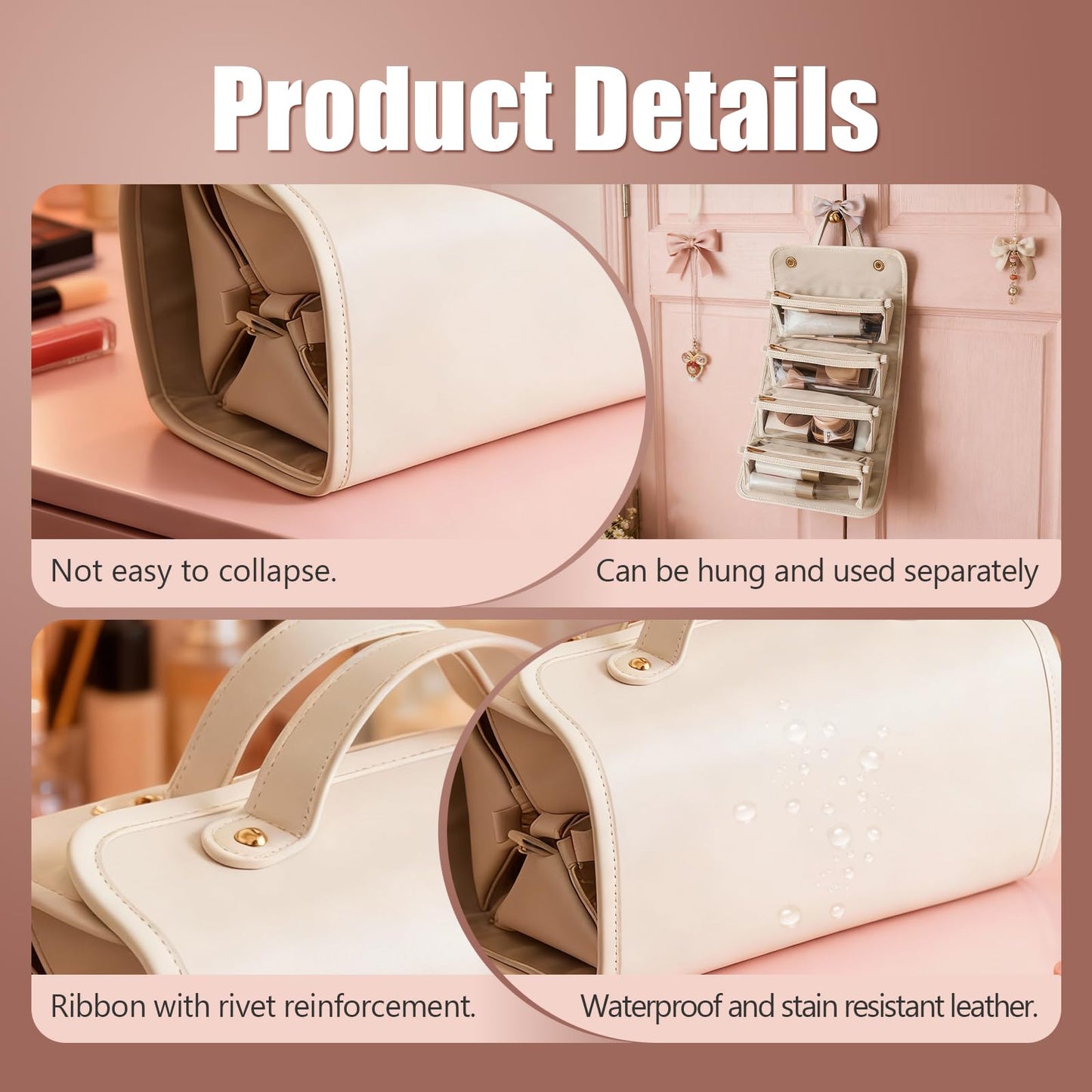 4-in-1 Expandable Makeup Bag with Removable Pockets – Waterproof Travel Cosmetic Organizer for Women, Large Capacity Vanity Case with Hanging Design (White) - Image 4