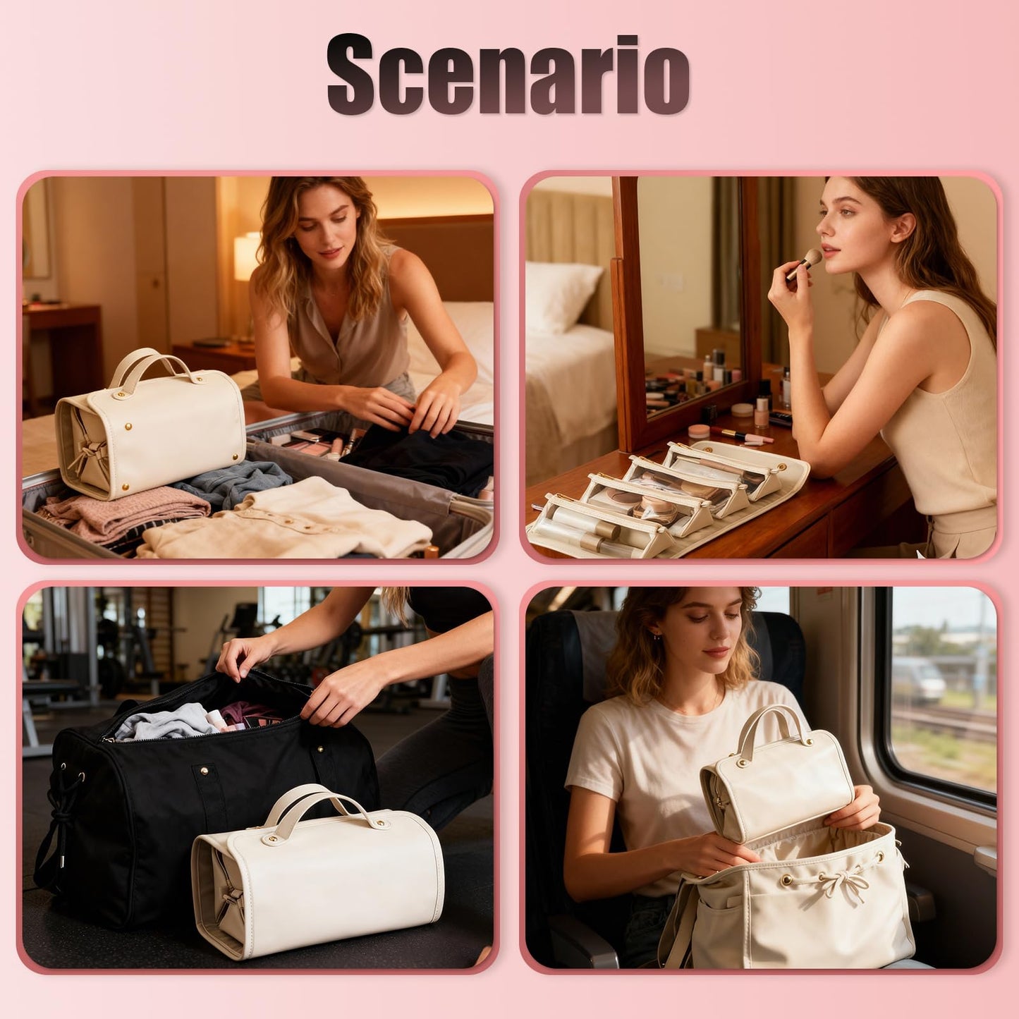 4-in-1 Expandable Makeup Bag with Removable Pockets – Waterproof Travel Cosmetic Organizer for Women, Large Capacity Vanity Case with Hanging Design (White) - Image 5