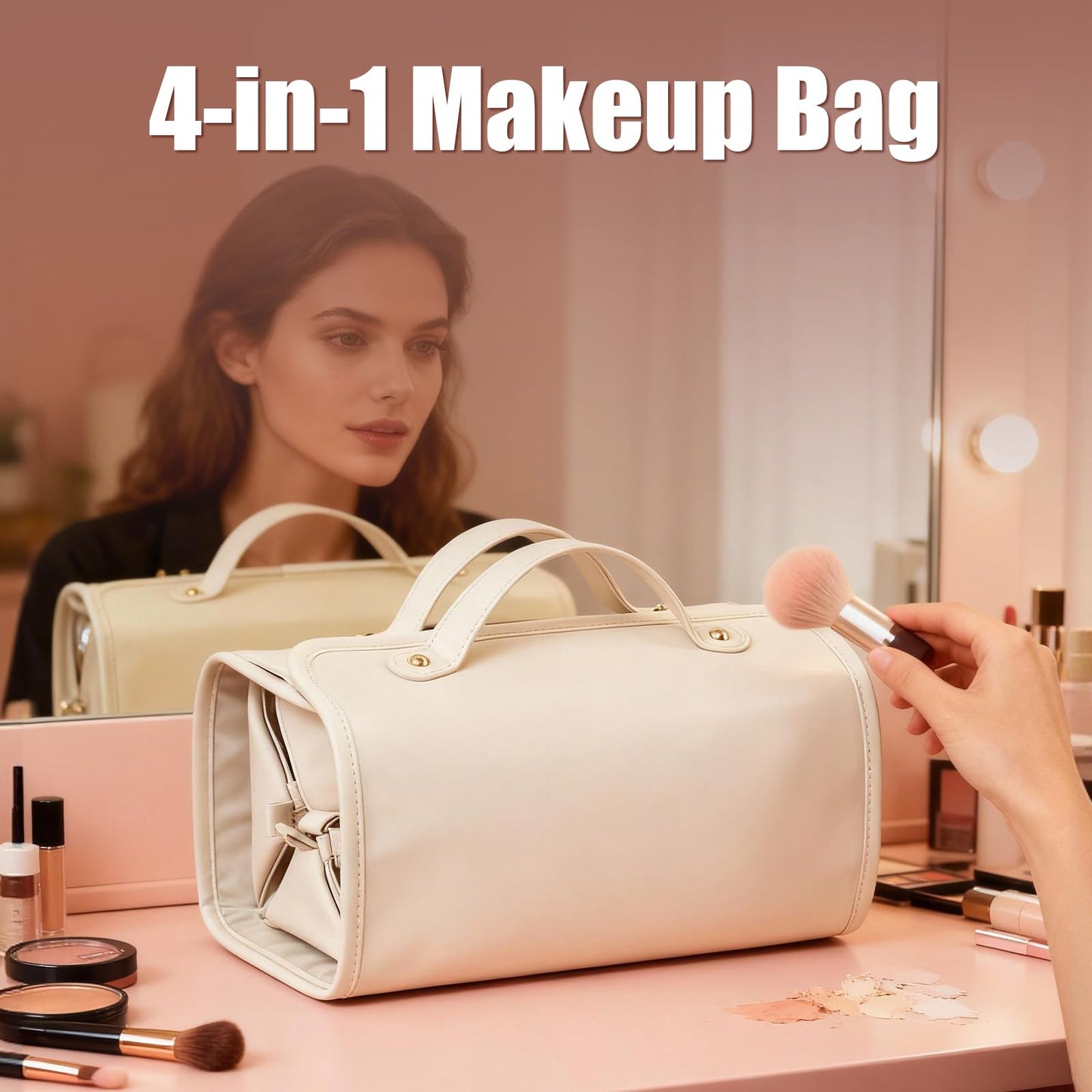 4-in-1 Expandable Makeup Bag with Removable Pockets – Waterproof Travel Cosmetic Organizer for Women, Large Capacity Vanity Case with Hanging Design (White) - Image 6