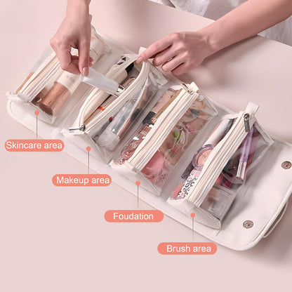 4-in-1 Expandable Makeup Bag with Removable Pockets – Waterproof Travel Cosmetic Organizer for Women, Large Capacity Vanity Case with Hanging Design (Pink) - Image 6