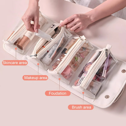 4-in-1 Expandable Makeup Bag with Removable Pockets – Waterproof Travel Cosmetic Organizer for Women, Large Capacity Vanity Case with Hanging Design (Pink) - Image 6