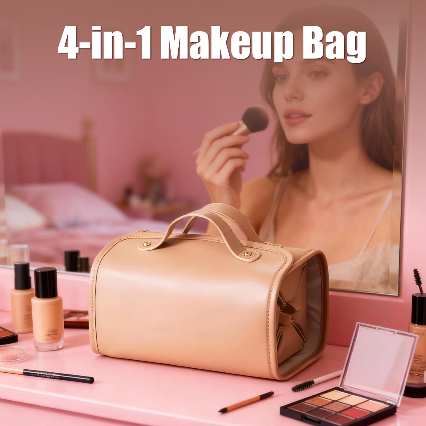 4-in-1 Expandable Makeup Bag with Removable Pockets – Waterproof Travel Cosmetic Organizer for Women, Large Capacity Vanity Case with Hanging Design (Brown) - Image 6