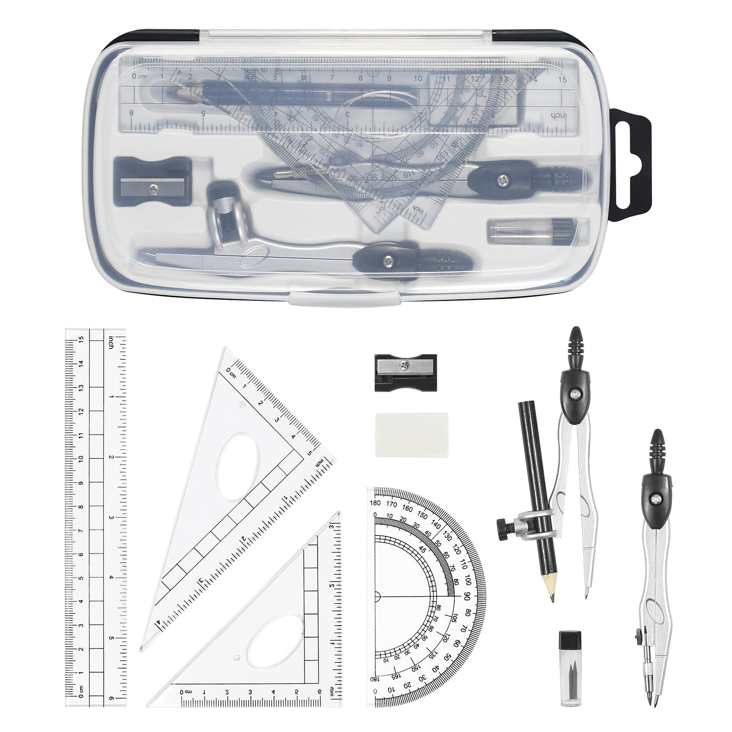 Complete 10-Piece Geometry Kit Set – Precision Drafting Tools with Metal Compasses, Rulers, Protractor & Pencil Sharpener – Ideal for Students, Engineers & Artists (Black) - Image 2