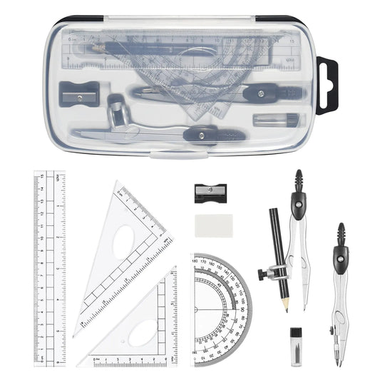 Complete 10-Piece Geometry Kit Set – Precision Drafting Tools with Metal Compasses, Rulers, Protractor & Pencil Sharpener – Ideal for Students, Engineers & Artists (Black) - Image 2