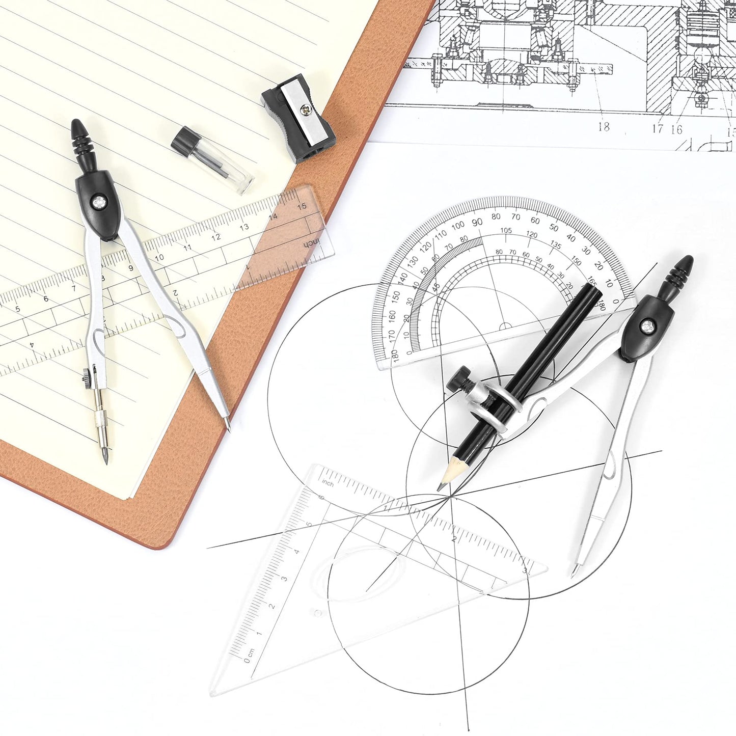 Complete 10-Piece Geometry Kit Set – Precision Drafting Tools with Metal Compasses, Rulers, Protractor & Pencil Sharpener – Ideal for Students, Engineers & Artists (Black) - Image 7