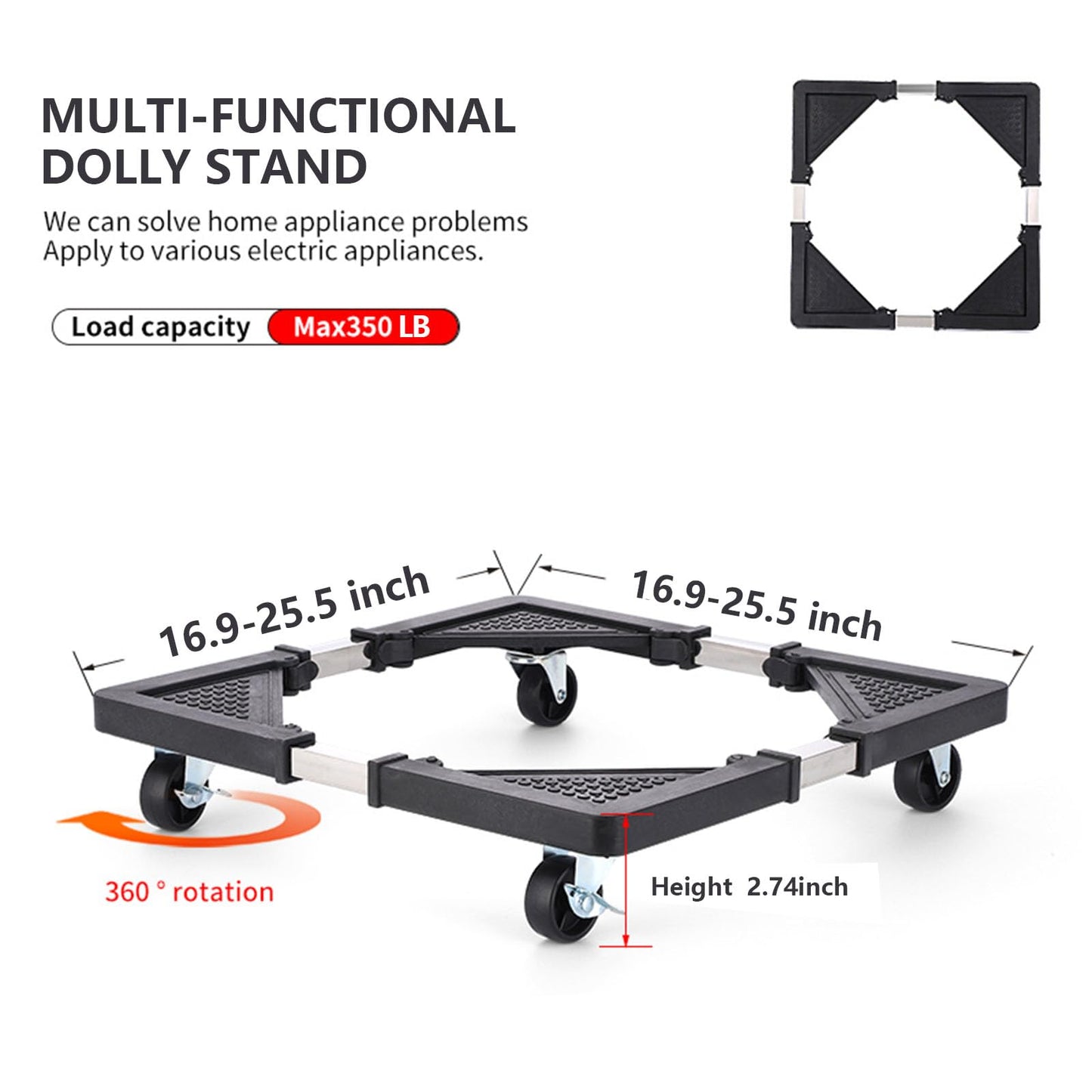 Adjustable Appliance Dolly Stand with 4 Locking Wheels – Expandable Base from 16.9 to 25.6 Inch, Heavy-Duty Furniture Moving Cart for Refrigerator, Washer, Cabinet, Air Conditioner (Black) - Image 2