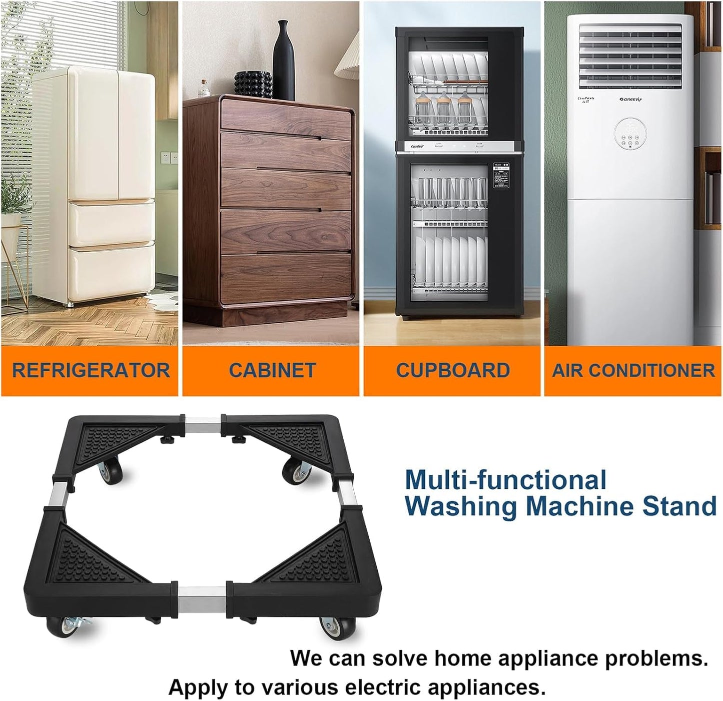 Adjustable Appliance Dolly Stand with 4 Locking Wheels – Expandable Base from 16.9 to 25.6 Inch, Heavy-Duty Furniture Moving Cart for Refrigerator, Washer, Cabinet, Air Conditioner (Black) - Image 4
