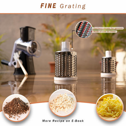 Manual Rotary Food Slicer & Grater with 3 Stainless Steel Drums – Suction Base Vegetable Shredder for Cheese, Potatoes & More (Black) - Image 2