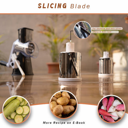 Manual Rotary Food Slicer & Grater with 3 Stainless Steel Drums – Suction Base Vegetable Shredder for Cheese, Potatoes & More (Black) - Image 4