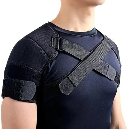 Black Dual Shoulder Support Brace with Adjustable Cross Straps, Neoprene Padding, Breathable Compression Sleeve for Sports and Everyday Comfort(L)