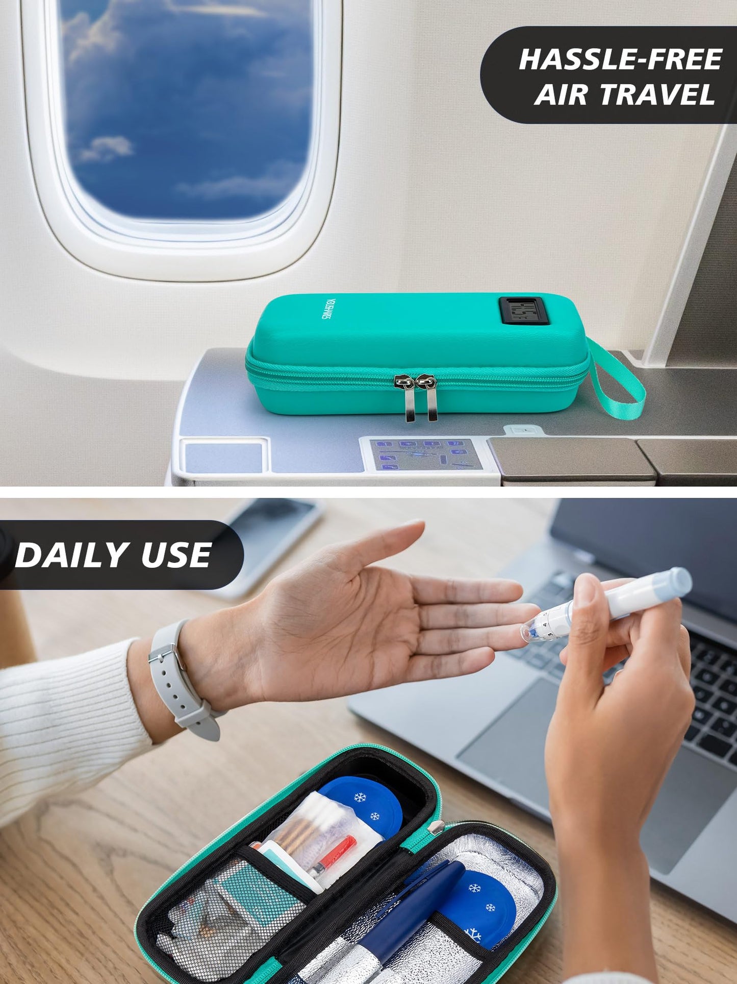 Portable Insulin Cooler Case with Digital Temperature Display – Travel Insulin Storage Bag with 2 TSA Ice Packs, Diabetes Supplies Organizer (Green) - Image 7