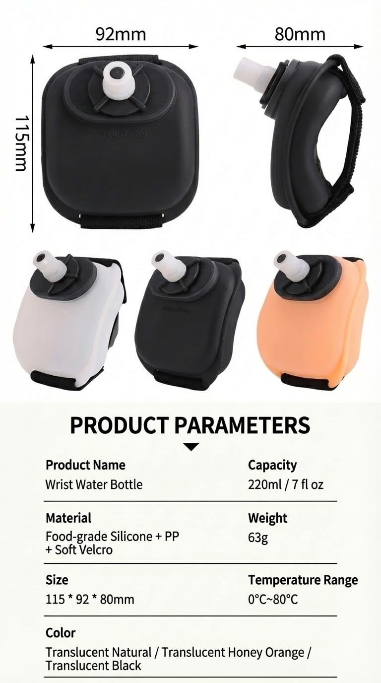 Wrist Water Bottle 7oz Hydration Flask – Hands-Free Leak-Proof Silicone Drink Container for Running, Cycling, Hiking & Fitness Training (Black) - Image 9