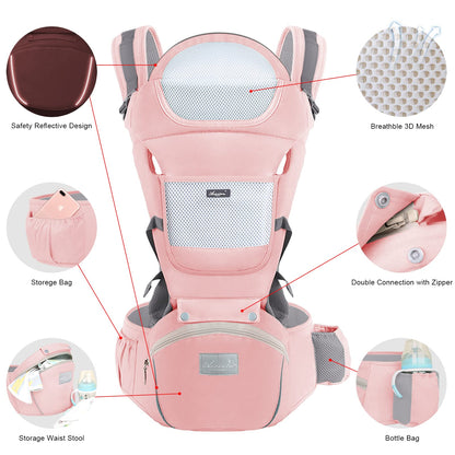 6-in-1 Adjustable Baby Carrier with Hip Seat – 11.8–15.7in Adjustable Height, Breathable Mesh & Multi-Position Carry for Newborn to 36 Months (Pink) - Image 2