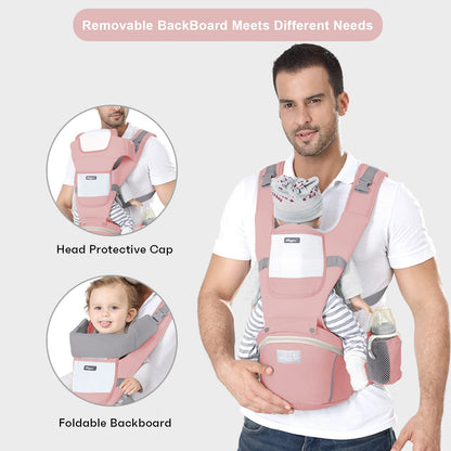 6-in-1 Adjustable Baby Carrier with Hip Seat – 11.8–15.7in Adjustable Height, Breathable Mesh & Multi-Position Carry for Newborn to 36 Months (Pink) - Image 3