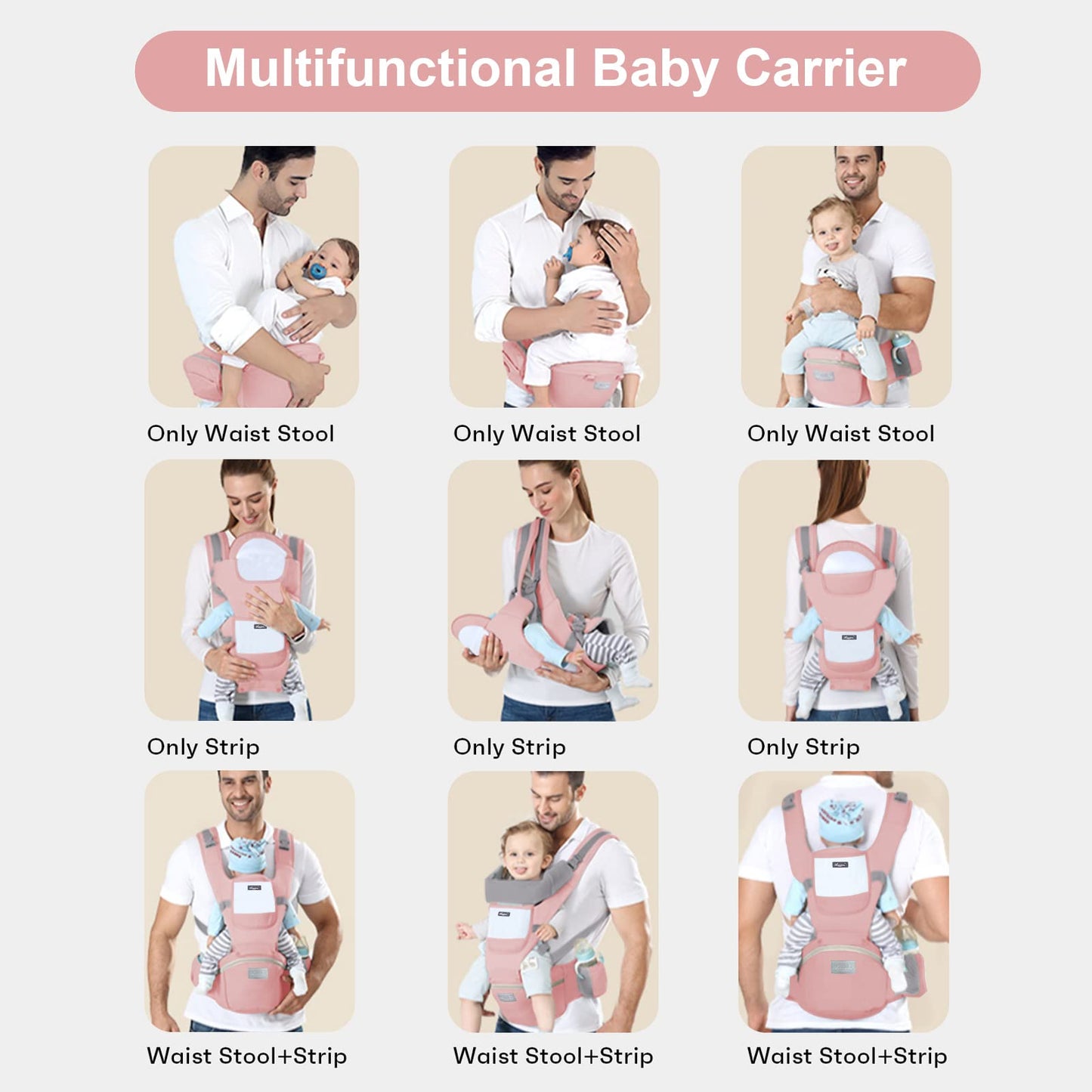 6-in-1 Adjustable Baby Carrier with Hip Seat – 11.8–15.7in Adjustable Height, Breathable Mesh & Multi-Position Carry for Newborn to 36 Months (Pink) - Image 6