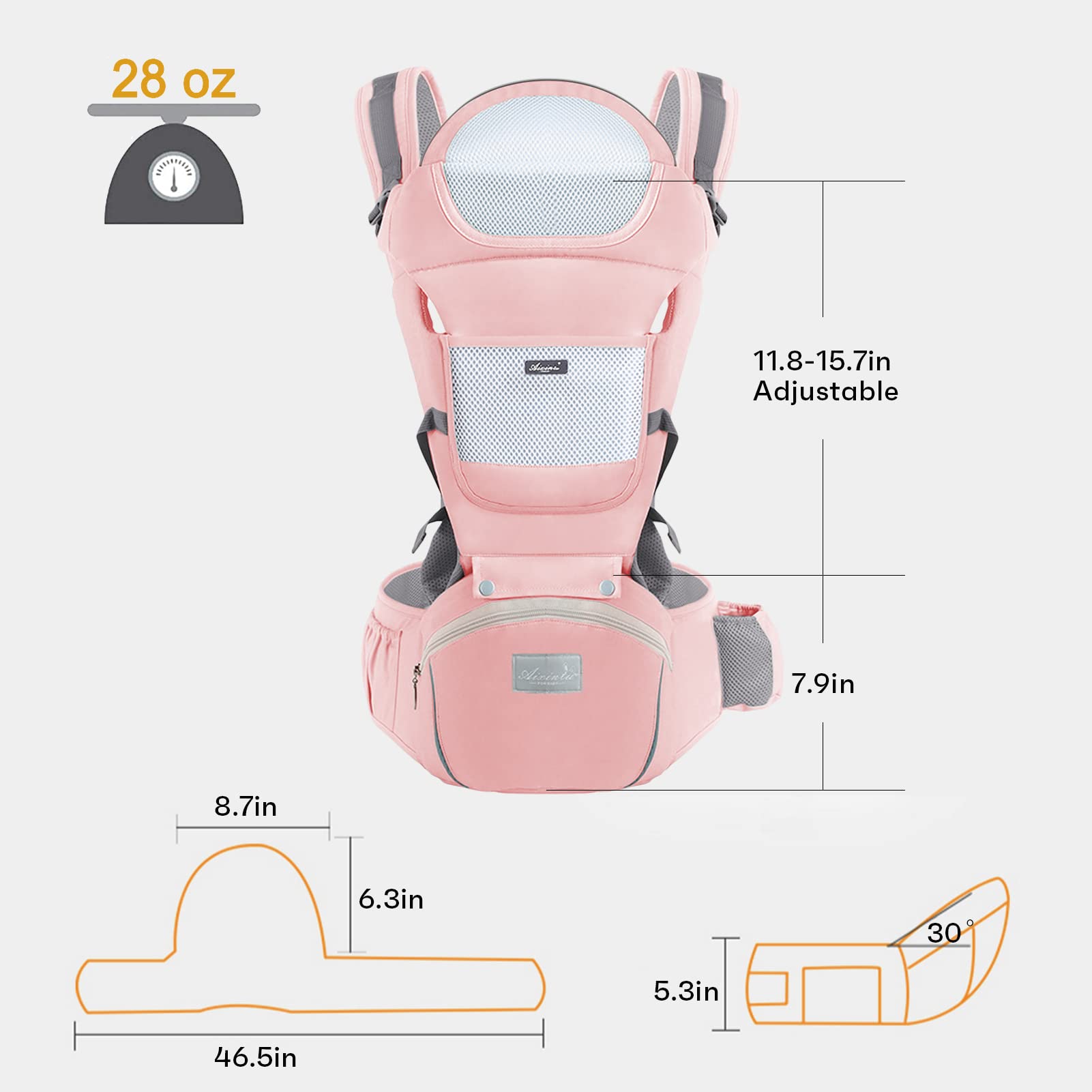 6-in-1 Adjustable Baby Carrier with Hip Seat – 11.8–15.7in Adjustable Height, Breathable Mesh & Multi-Position Carry for Newborn to 36 Months (Pink) - Image 7