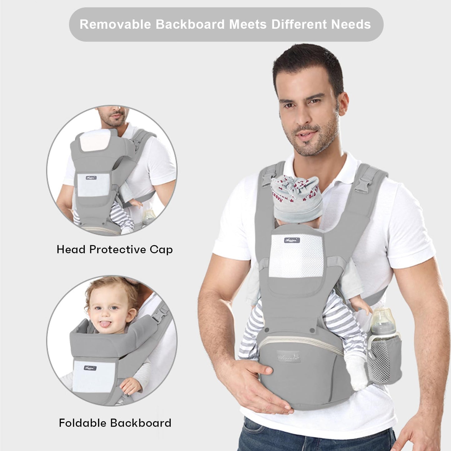 6-in-1 Adjustable Baby Carrier with Hip Seat – 11.8–15.7in Adjustable Height, Breathable Mesh & Multi-Position Carry for Newborn to 36 Months (Grey) - Image 3