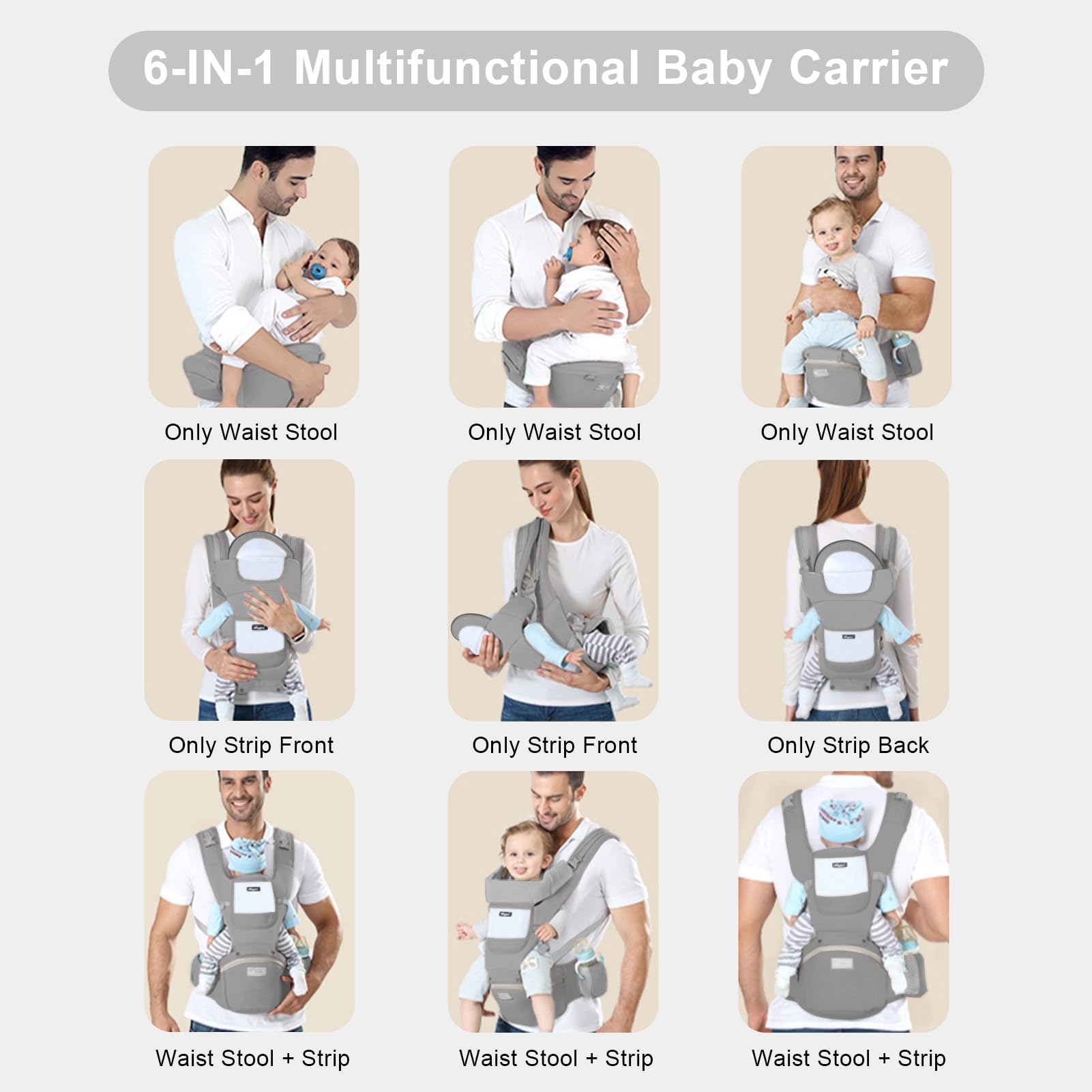 6-in-1 Adjustable Baby Carrier with Hip Seat – 11.8–15.7in Adjustable Height, Breathable Mesh & Multi-Position Carry for Newborn to 36 Months (Grey) - Image 6