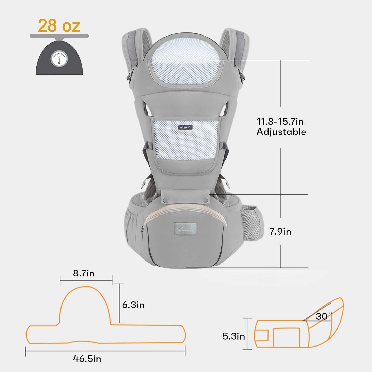 6-in-1 Adjustable Baby Carrier with Hip Seat – 11.8–15.7in Adjustable Height, Breathable Mesh & Multi-Position Carry for Newborn to 36 Months (Grey) - Image 7