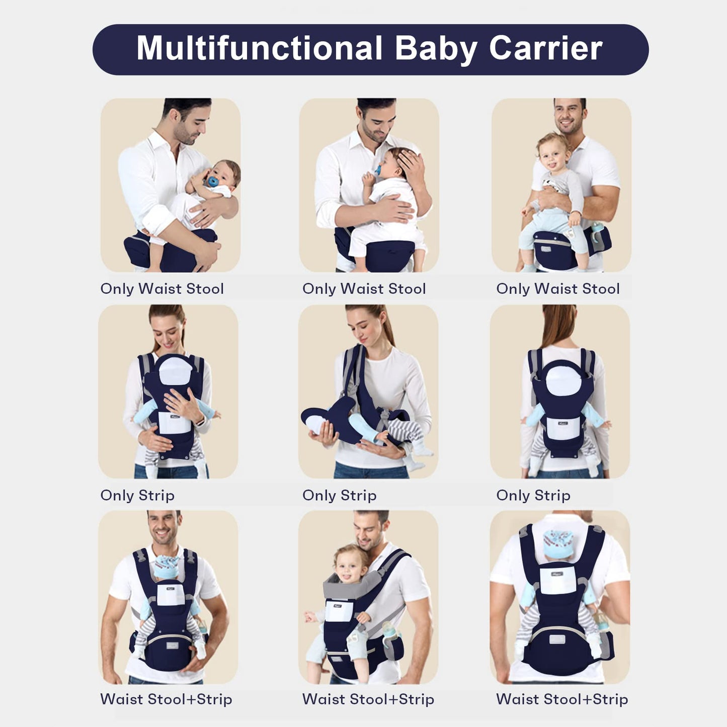 6-in-1 Adjustable Baby Carrier with Hip Seat – 11.8–15.7in Adjustable Height, Breathable Mesh & Multi-Position Carry for Newborn to 36 Months (Blue) - Image 6