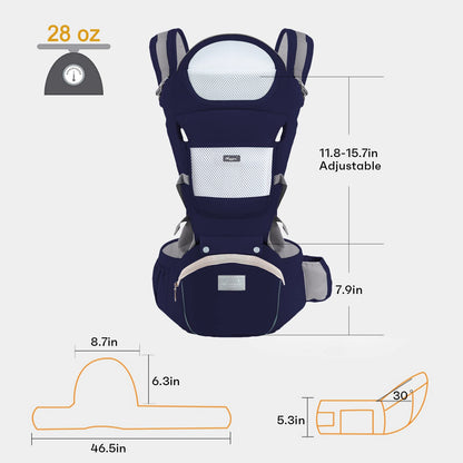 6-in-1 Adjustable Baby Carrier with Hip Seat – 11.8–15.7in Adjustable Height, Breathable Mesh & Multi-Position Carry for Newborn to 36 Months (Blue) - Image 7