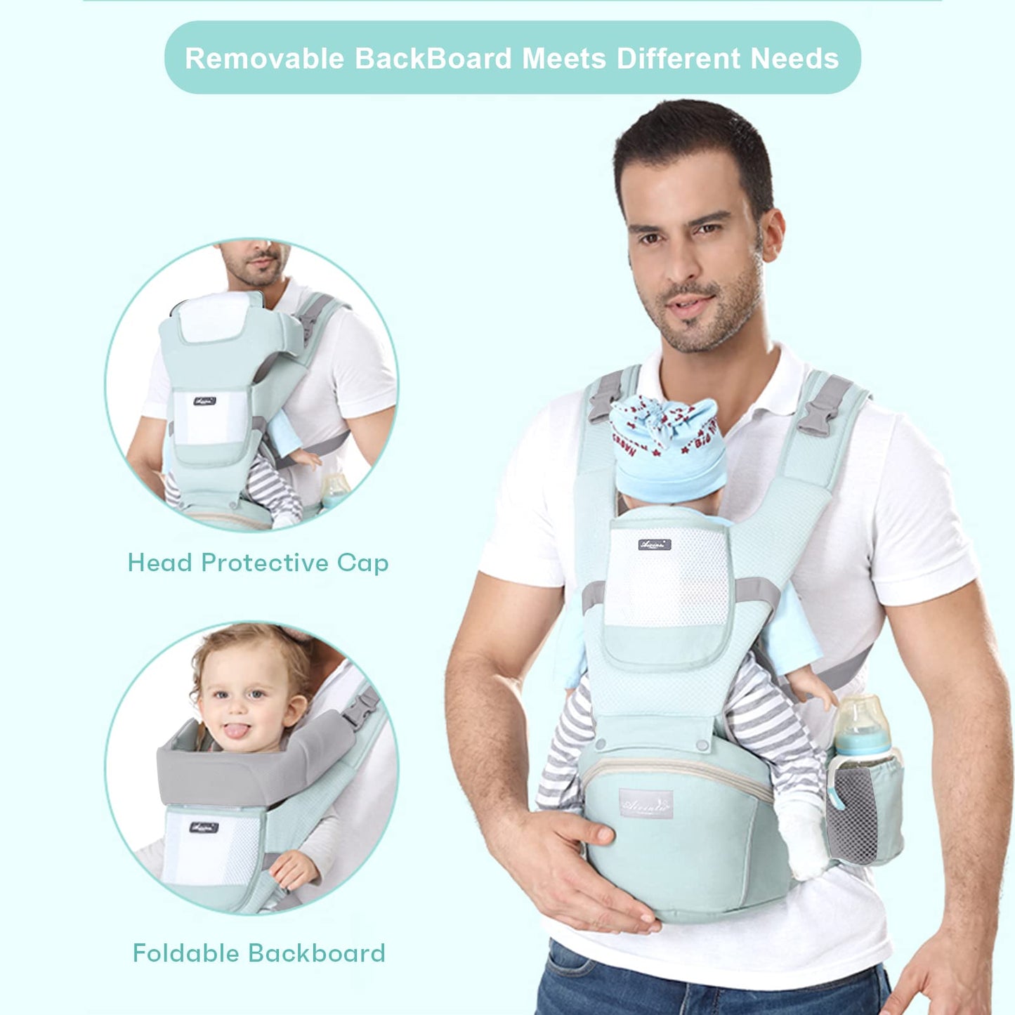 6-in-1 Adjustable Baby Carrier with Hip Seat – 11.8–15.7in Adjustable Height, Breathable Mesh & Multi-Position Carry for Newborn to 36 Months (Green) - Image 3