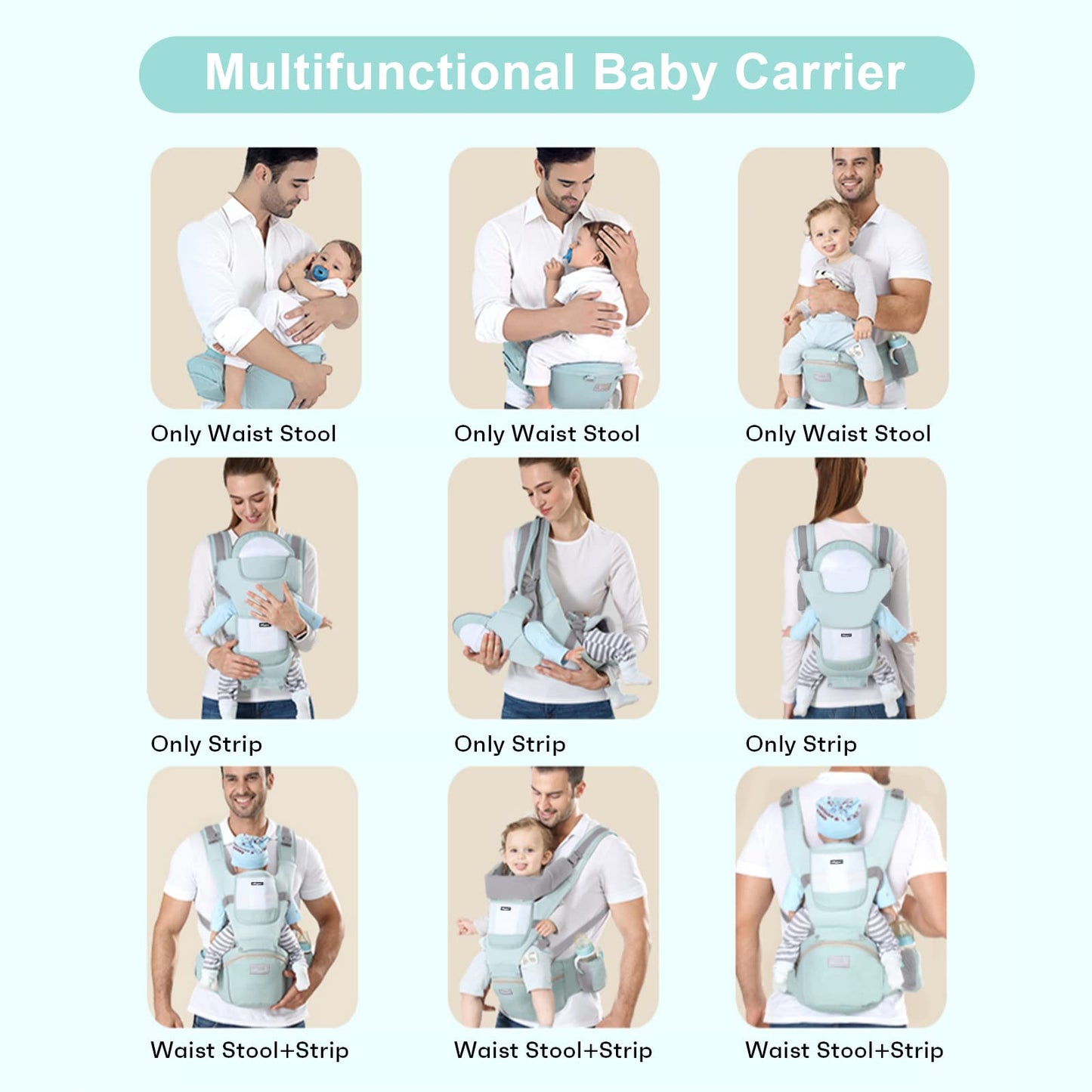 6-in-1 Adjustable Baby Carrier with Hip Seat – 11.8–15.7in Adjustable Height, Breathable Mesh & Multi-Position Carry for Newborn to 36 Months (Green) - Image 6