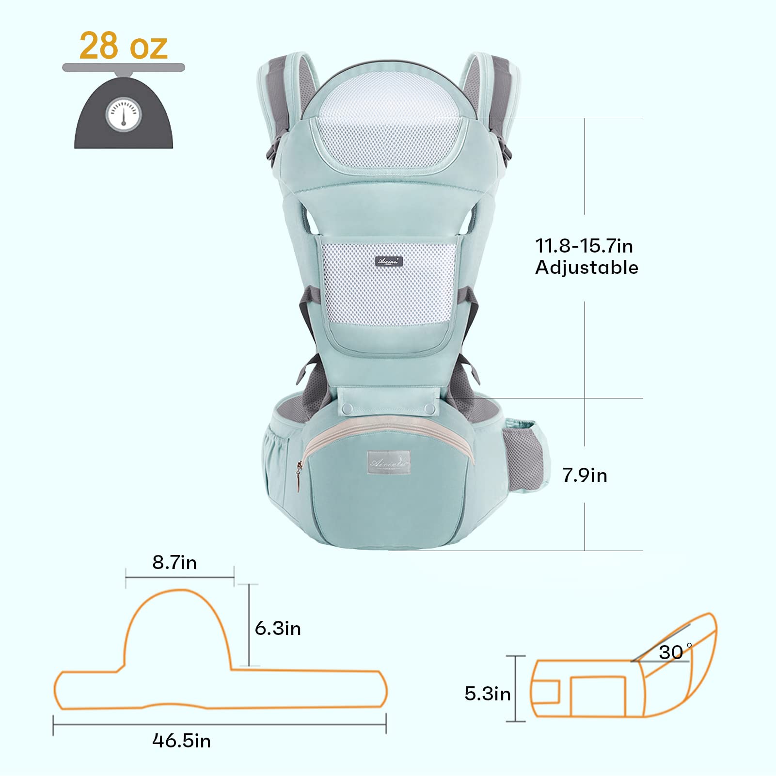 6-in-1 Adjustable Baby Carrier with Hip Seat – 11.8–15.7in Adjustable Height, Breathable Mesh & Multi-Position Carry for Newborn to 36 Months (Green) - Image 7