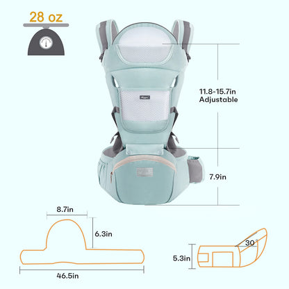 6-in-1 Adjustable Baby Carrier with Hip Seat – 11.8–15.7in Adjustable Height, Breathable Mesh & Multi-Position Carry for Newborn to 36 Months (Green) - Image 7