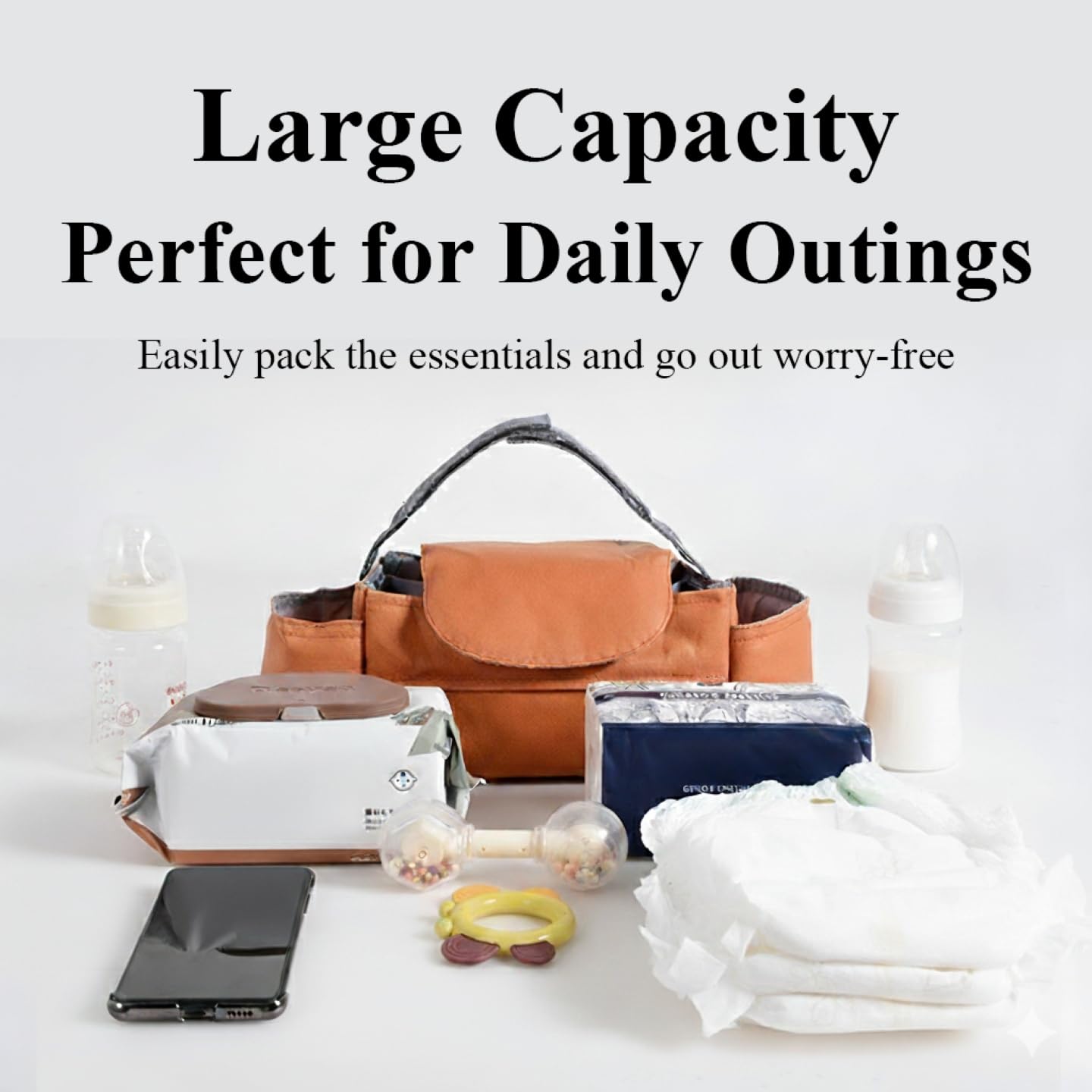 Universal Stroller Organizer Bag with Front Tissue Dispenser, Bottle Holders & Large Storage – Perfect for Daily Outings with Baby (Orange) - Image 2