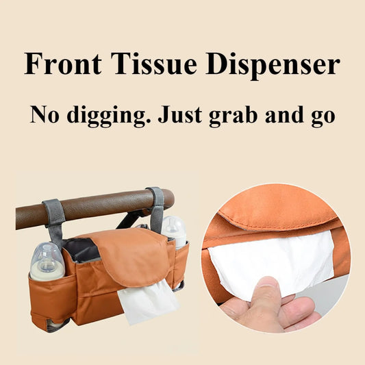 Universal Stroller Organizer Bag with Front Tissue Dispenser, Bottle Holders & Large Storage – Perfect for Daily Outings with Baby (Orange) - Image 4