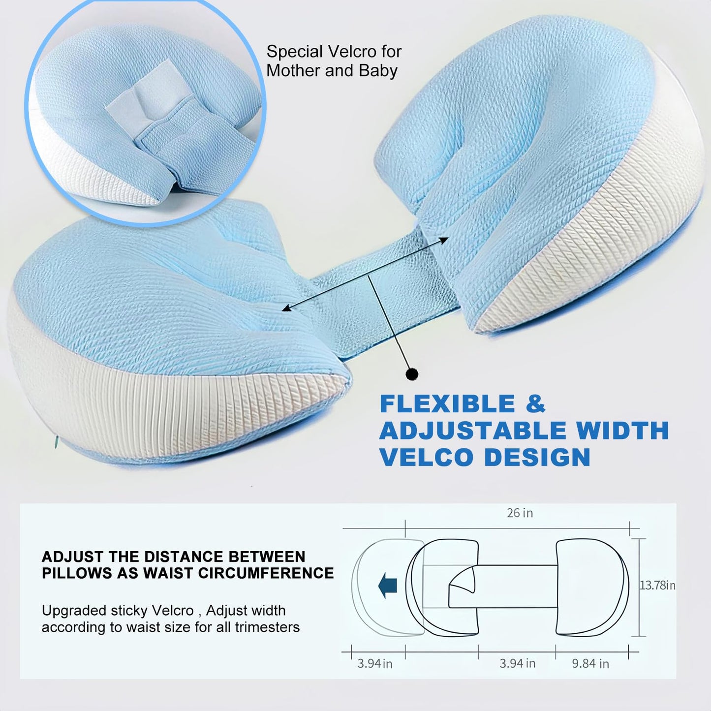 Adjustable Pregnancy Pillow with Velcro Design – Side Sleeping Support for Back, Belly, Hips & Legs, Travel-Friendly Maternity Pillow with Bonus Auxiliary Pillow(Blue) - Image 4