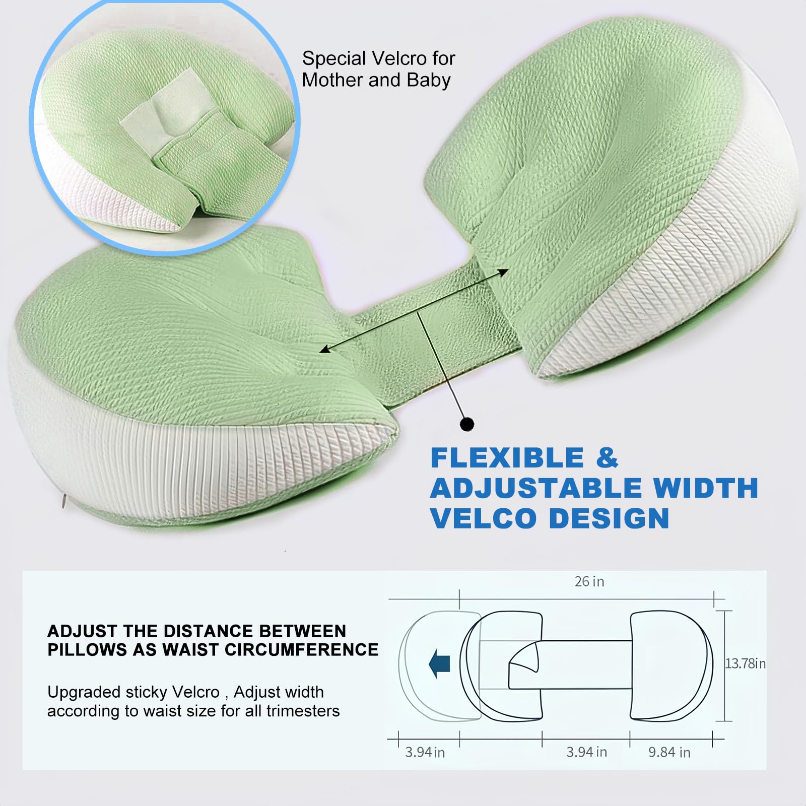 Adjustable Pregnancy Pillow with Velcro Design – Side Sleeping Support for Back, Belly, Hips & Legs, Travel-Friendly Maternity Pillow with Bonus Auxiliary Pillow(Green) - Image 4