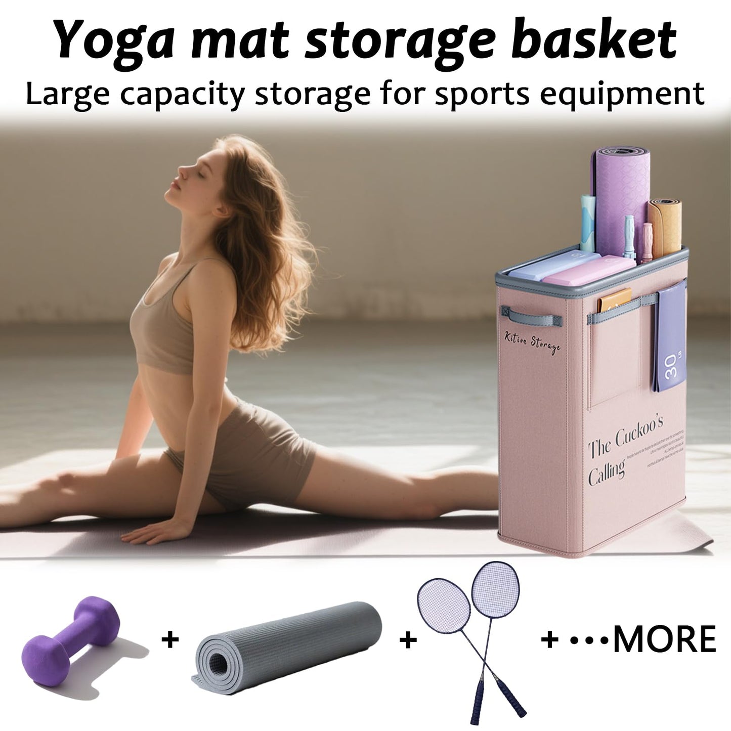 Large Capacity Foldable Yoga Mat Storage Basket – Waterproof Fabric Organizer for Gym Equipment, Dumbbells, Foam Rollers, and Mats with Side Pockets and Handle (Beige) - Image 4
