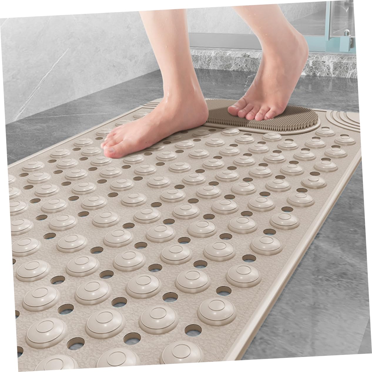 Non-Slip Bath Mat with Foot Scrubber – 80 x 50 cm, Anti-Skid Suction Cups & Drain Holes, Waterproof Shower Floor Pad with Exfoliating Brush(Grey) - Image 4