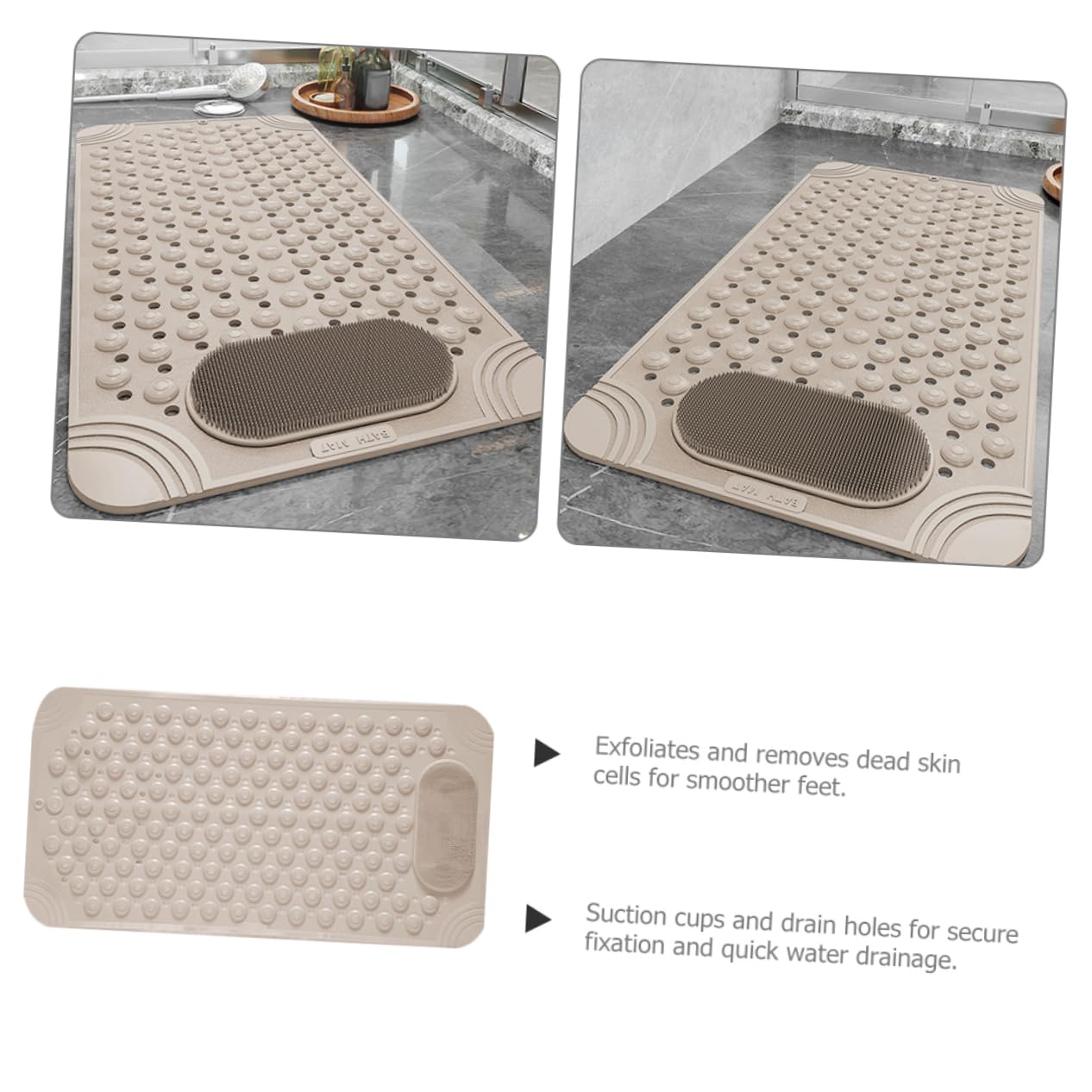 Non-Slip Bath Mat with Foot Scrubber – 90 x 60 cm, Anti-Skid Suction Cups & Drain Holes, Waterproof Shower Floor Pad with Exfoliating Brush(Grey) - Image 3
