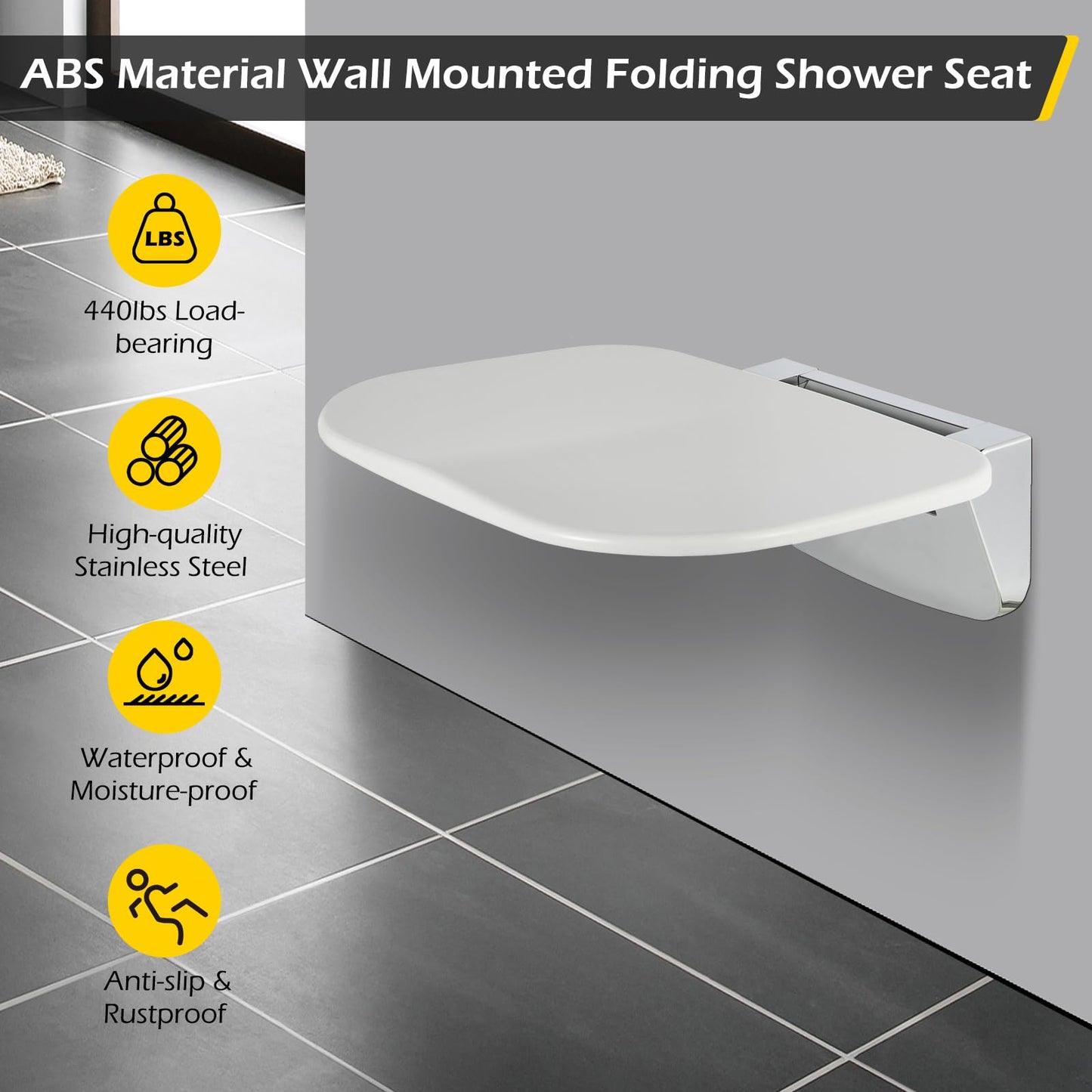 Wall Mounted Folding Shower Seat 440 lbs Load-Bearing – ABS Material Bathroom Stool with Stainless Steel Frame, Foldable 90° for Sauna, Hospital, Home Use (White) - Image 2